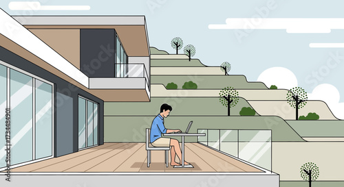 Man working on laptop on modern villa terrace with scenic terraced hillside view