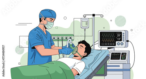 Medical Intensive Care Unit Scene: Doctor Attending to a Patient with Oxygen Mask and Monitoring