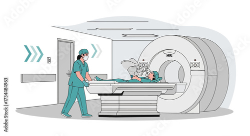 Medical imaging scene featuring a patient undergoing an MRI scan with healthcare professional