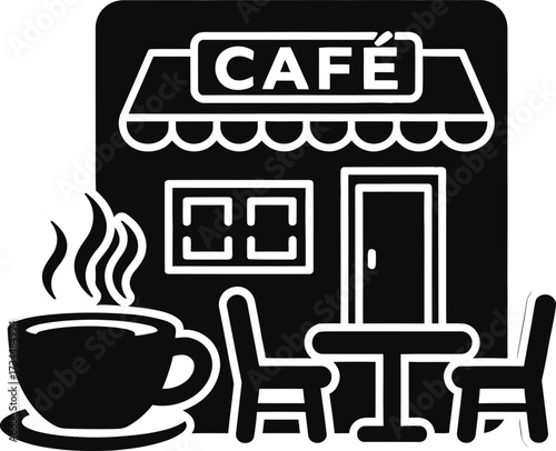 Cozy cafe scene with steaming coffee and outdoor seating