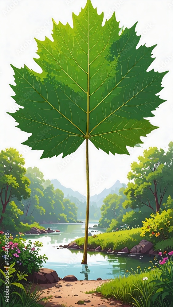 Obraz premium Vibrant leaf in a serene landscape
