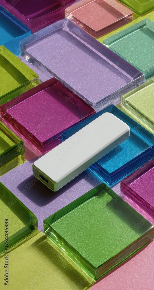 Fototapeta premium White rectangular device on a colorful mosaic of translucent squares