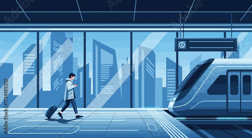 Modern commuter illustration with passenger using phone at train station platform