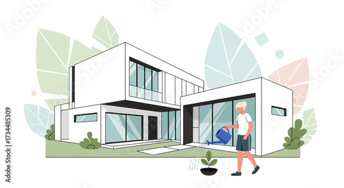 Modern Home with Garden Care: A Serene Illustration of Contemporary Living and Gardening