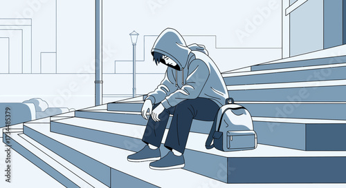 Monochromatic illustration of a lonely hooded figure sitting on steps in a city