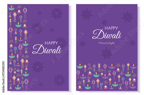 Set of Diwali celebration cards with rangoli, lanterns and lamps diyas in flat style. Deepavali vector illustration for print and online projects
