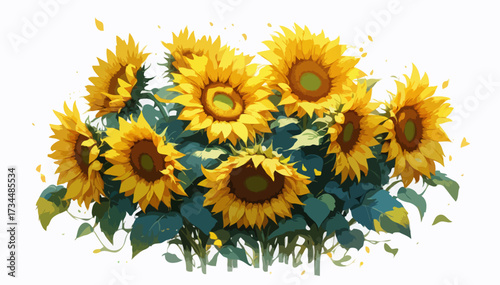 Bright yellow sunflowers with green leaf isolated on a pure white background bring a beautiful summer floral feeling