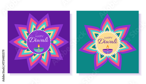 Set of Diwali celebration cards with rangoli and lamp diyas in flat style. Deepavali vector illustration for banners, social media, cards