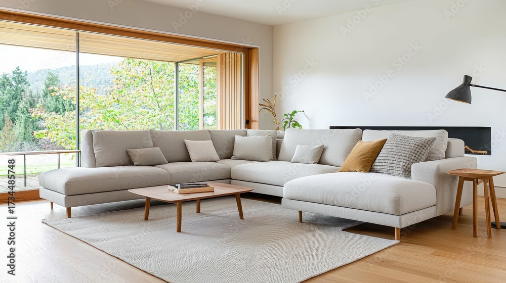 Fototapeta premium Modern living room interior with cozy sectional sofa and natural light