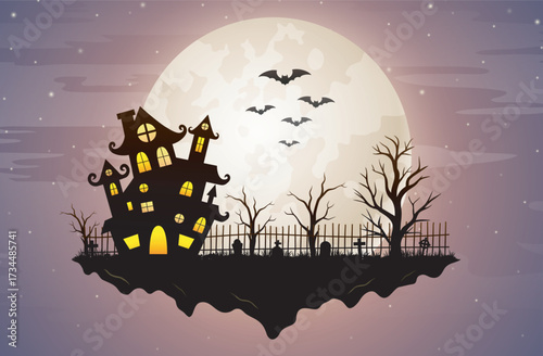 Halloween background with floating island, castle, graveyard and full moon