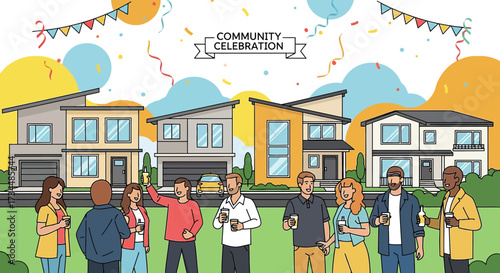 Neighborhood Block Party Illustration of Residents Celebrating Community Together with Modern Homes