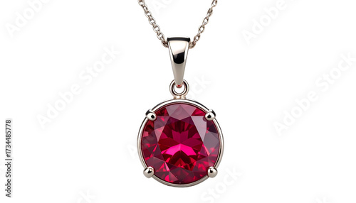Shiny red gemstone pendant necklace, silver chain, elegant, closeup