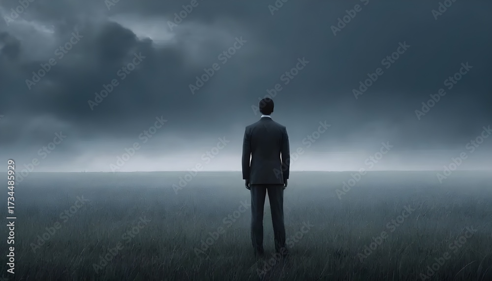 Obraz premium Contemplative businessman facing uncertainty open field digital artwork moody atmosphere