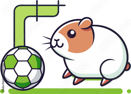 Cute guinea pig illustration with a soccer ball and green goal post on white background