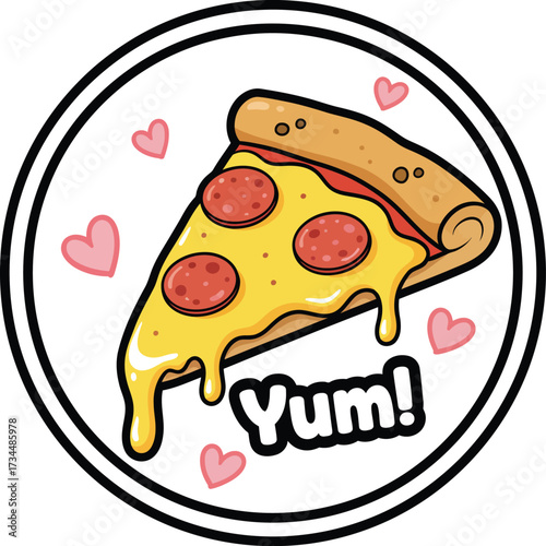 Delicious Pizza Slice Cartoon Icon: Pepperoni, Melting Cheese, and Pink Love Hearts with Yum!