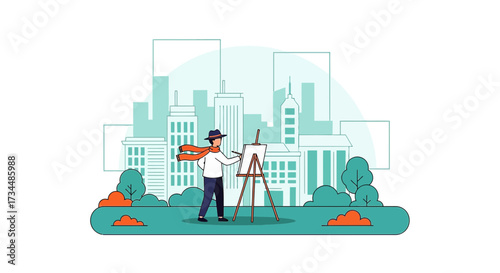 Painter in the City Park with Canvas Depicting Urban Landscape and Artistic Pursuit