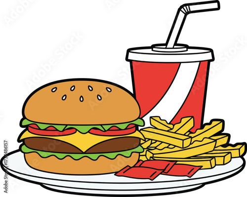 Classic Fast Food Combo: Cheeseburger, French Fries, Ketchup Packets, and Soft Drink on Plate