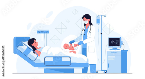 Postpartum Care: Doctor Examining Newborn Baby in Hospital with Mother Resting Nearby