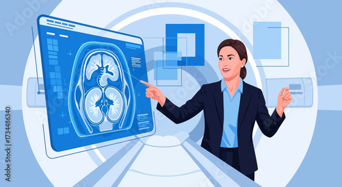 Professional Female Doctor Explaining Brain and Kidney MRI Scan Results in a Clinic
