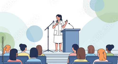 Professional female doctor presenting at medical conference captivating audience attention