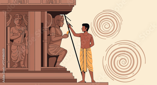 Religious ritual with a devotee and carved sculptures in a temple illustration