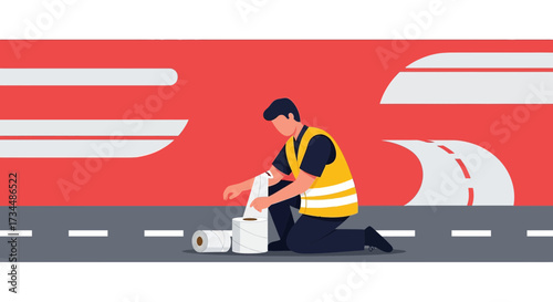 Road worker preparing reflective tape for road maintenance, ensuring safety on the construction