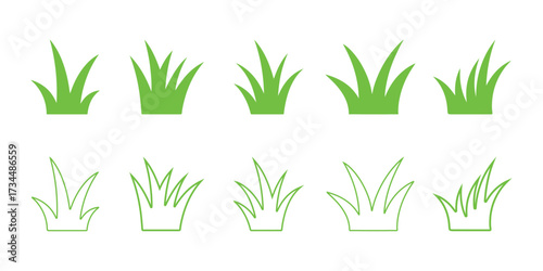 Green grass tufts isolated on white background in vector illustration