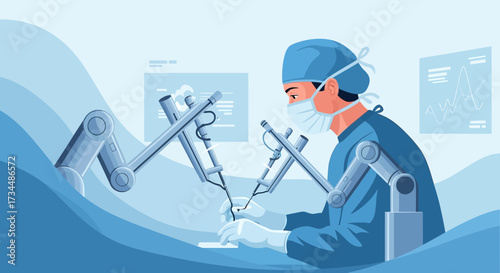 Robot-assisted surgery illustration depicting a surgeon operating with robotic arms in a sterile