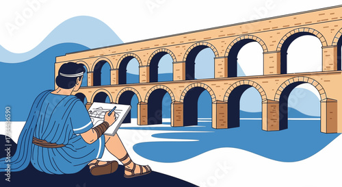 Roman artist sketching an aqueduct with arches against a wavy blue background scene
