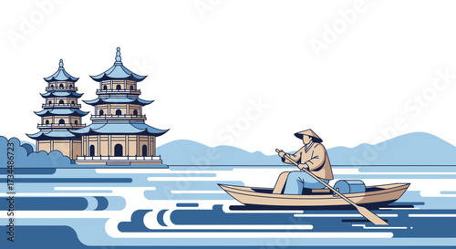 Scenic Asian Landscape: Boatman Rowing on a Lake with Traditional Pagodas in Background