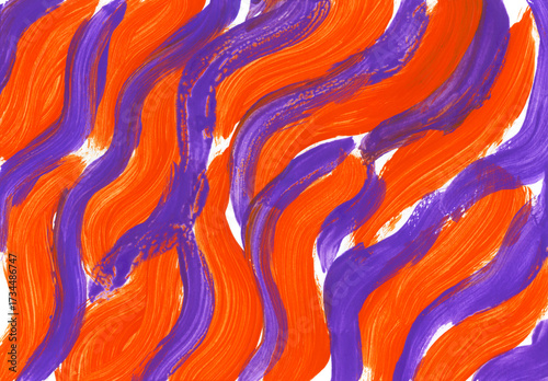 Orange and violet wavy lines diagonal from bottom to top. Abstract autumn holidays, halloween concept. Pattern paint brushstrokes texture on horizontal canvas.