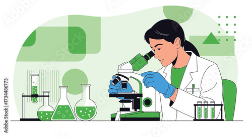 Scientist conducting research with a microscope in a laboratory setting in green tones