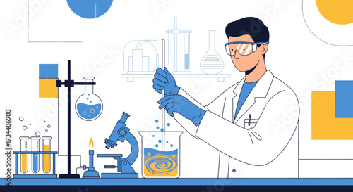 Scientist in laboratory mixing chemicals with scientific equipment illustration vector art