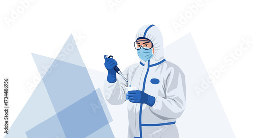 Scientist in protective suit conducting research during pandemic outbreak situation