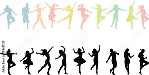 Colorful and black female dance silhouettes in dynamic poses, showcasing movement, energy, and artistic expression for creative design and illustration projects