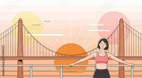 Serene morning yoga routine with bridge backdrop promoting mindfulness and wellness