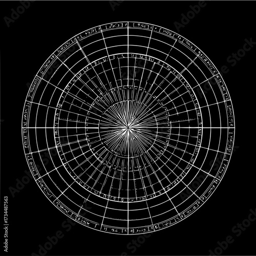 Detailed astronomical chart with radial and concentric lines on a black background showing measurements