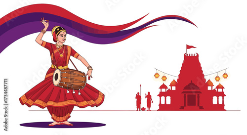 Traditional indian dance performance with drum and temple in the background colorful cultural