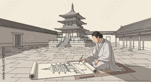 Traditional architect drawing a temple design at a Chinese courtyard illustration