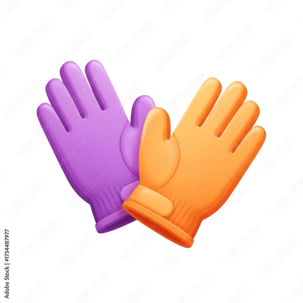Fototapeta premium Pair of purple and orange gloves isolated on transparent background