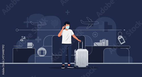Travel during pandemic times with protective face mask at the airport illustration vector design