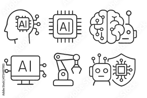Artificial intelligence linear icon set. AI technology concepts like robot head, machine learning, CPU processor, cyborg brain, robotic arm, and cyber security. Vector symbols pack.