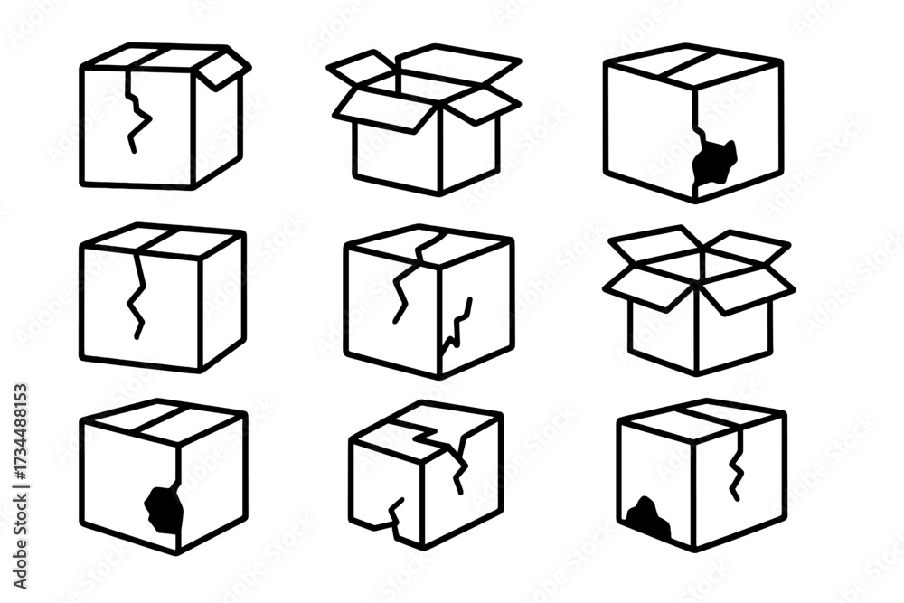 Broken box line icon set. Damaged package, open carton, fragile cargo symbols. Vector outline signs for logistics, delivery service, ecommerce return, and shipping problems.
