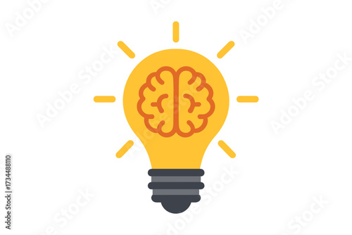 Concept of a bright idea. Brain inside a light bulb icon. Symbol for brainstorming, creativity, innovation, intelligence, learning, knowledge and finding a solution. Vector.