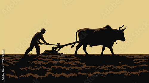 Classic farming scene with farmer plowing field using ox, evokes traditional agriculture and rural heritage, perfect for farming promotions and historical content