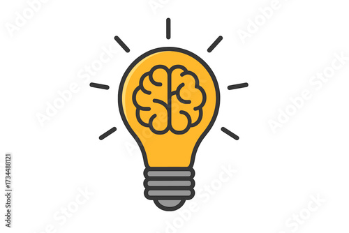 Light bulb with brain inside as a concept for bright ideas, creativity, and innovation. Vector icon representing brainstorming, solutions, intelligence, knowledge, and insight.