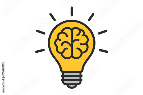 Concept of a new idea. Light bulb with a brain inside. Symbol of creativity, creative idea, mind, thinking, innovation, and solution. Brainstorming and intelligence icon.