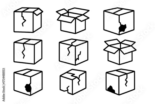 Broken box line icon set. Damaged package, open carton, fragile cargo symbols. Vector outline signs for logistics, delivery service, ecommerce return, and shipping problems.