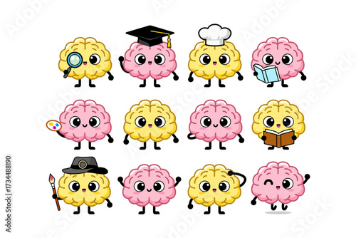 Cartoon brains with different professions and hobbies, including reading, painting, cooking, and detective work.