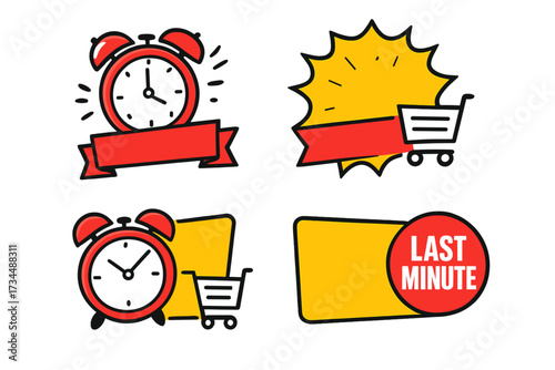 Last minute offer vector icon set. Limited time deal and final sale promotion concept. Countdown alarm clock, shopping cart, and special price sticker for e-commerce marketing.